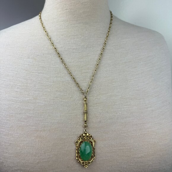 Vintage Victorian Style Drop Pendant Jadeite Bamboo Bow Flower 24" - Picture 1 of 5